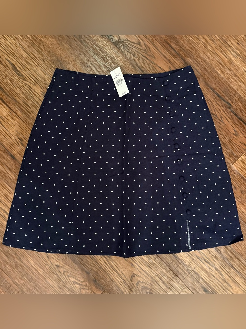 LOFT Navy with White Polka Dot A-Line Skirt with Side Buttons